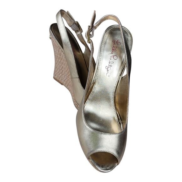 Lilly Pulitzer Kristen Gold Metallic Peep Toe Sling Back Wedge Sandals Sz 7 - Picture 9 of 11